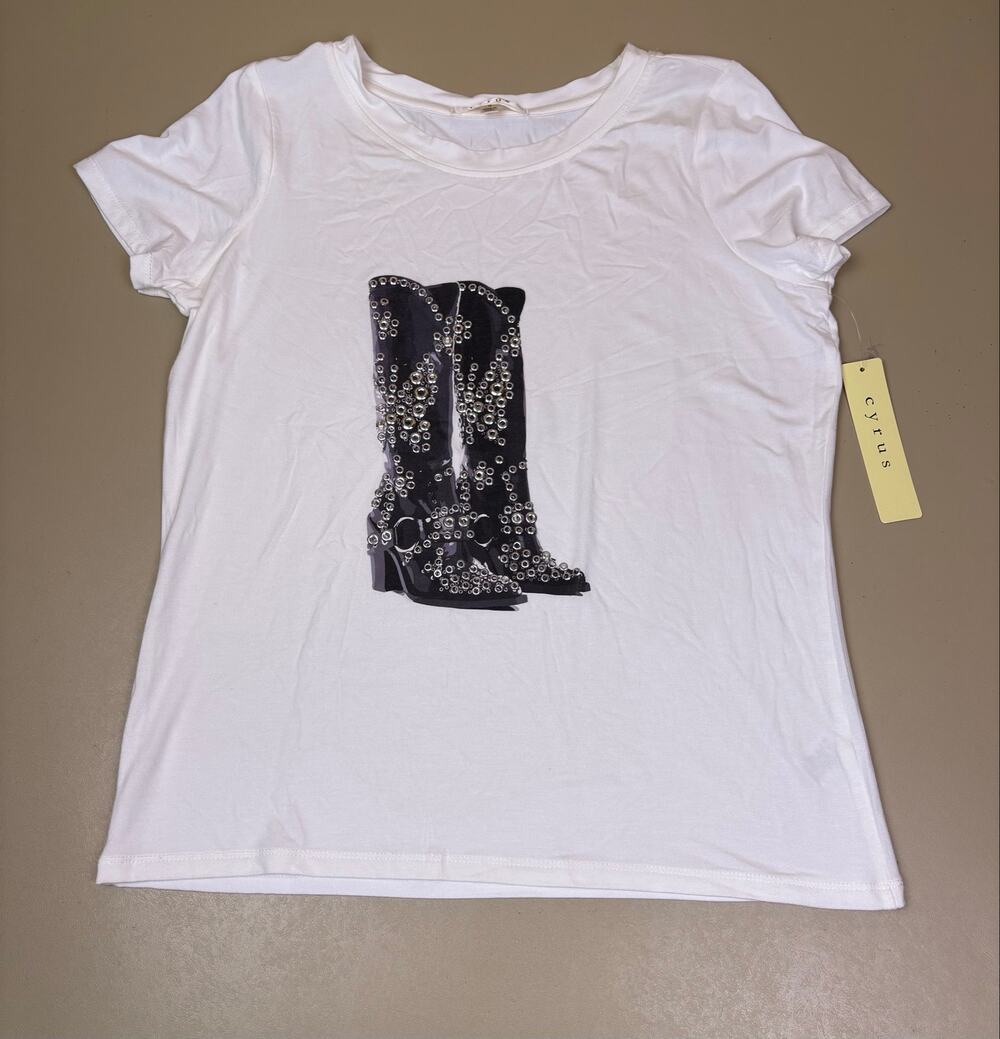 Women’s Western Cowboy Boots Graphic T Shirt Size S White Rhinestone Cyrus NWT